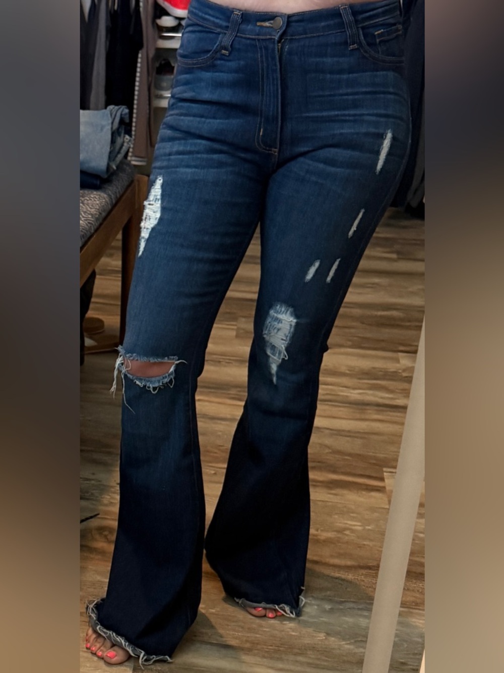 Dark Blue Distressed Flare Jeans - Women's